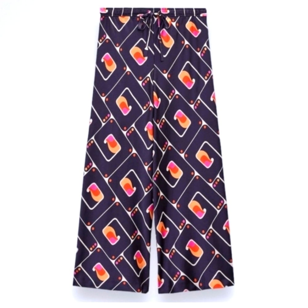 Zara Geometric Print Wide Leg Satin Pants